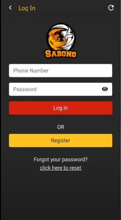 Sabong login form with phone and password